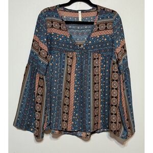 Boho Printed Peasant Blouse - Blue Multi